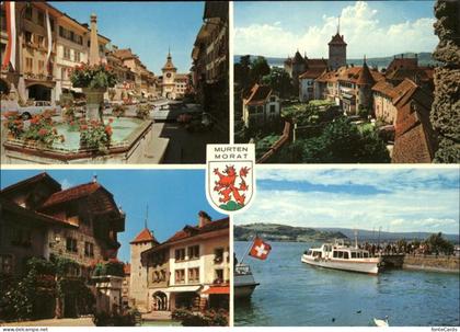 Murten Morat historische Altstadt Turm Brunnen Murtensee Landungssteg Boot Wappe