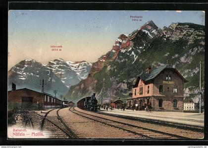 AK Näfels-Mollis, Bahnhof mit Glärnisch und Rautispitz