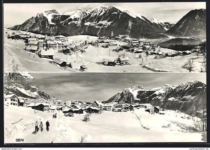 AK Schwändi /GL, Teilansicht gegen Schiltkette mit Skifahrern