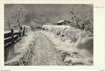 Grusch - Heimat series - snowy landscape with fence and hut - winter scene - old postcard - 1921 - Switzerland - unused