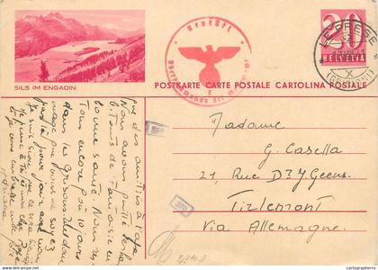 Switzerland Suisse entier postal Helvetia 20c postal stationery Sils im Engadin/Segl - Tirlemont via Allemagne 1941