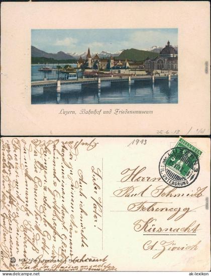 Ansichtskarte Luzern Lucerna Bahnhof und Friedensmuseum 1913