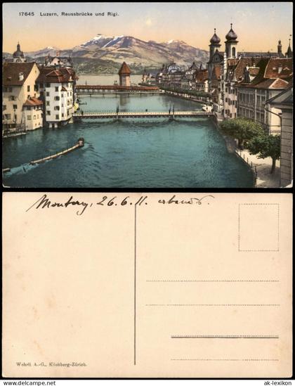 Ansichtskarte Luzern Lucerna Reussbrücke und Rigi 1911