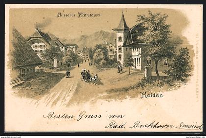 Lithographie Reiden, Äusseres Mitteldorf mit Kutsche