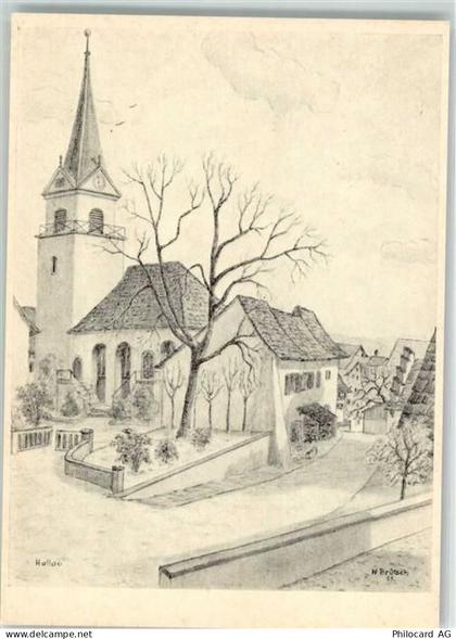 8215 Hallau Radierung Zeichnung der Kirche von Hallau sign. W.Brütsch - 10664477