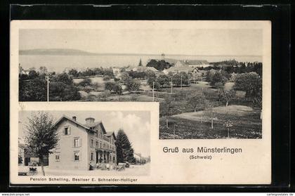 AK Münsterlingen, Pension Schelling, Bes. E. Schneider-Holliger, Ortsansicht