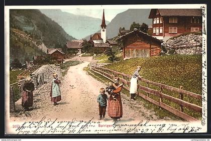 AK Spiringen, Strassenpartie mit Kindern und Kirchblick