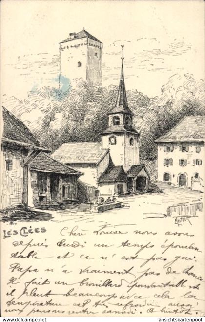 Artiste CPA Les Clées Kanton Waadt, Ortspartie, Kirche, Turm