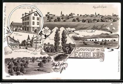 Lithographie Ecublens /VD, Bureaux des Postes, Partie de village, Vue partielle du Village