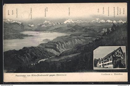 AK Langnau am Albis, Albis-Hochwacht, Gasthaus zum Hirschen, Panorama gegen Zürichsee
