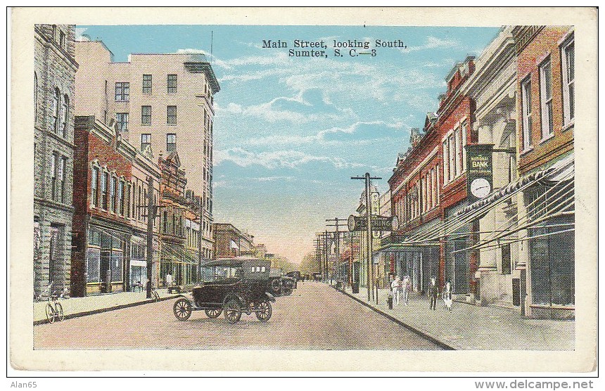 Sumter South Carolina, Main Street Scene, Auto, c1910s/20s Vintage Postcard