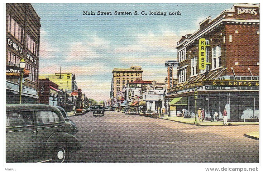Sumter South Carolina, Main Street View, Auto, Kress Drug Store, c1940s Vintage Linen Postcard