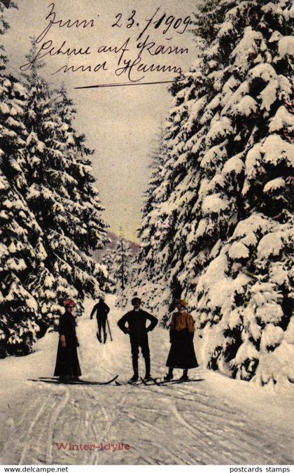 Winterwald, Skifahrer, 1909 in Schönengrund / Appenzell versandt