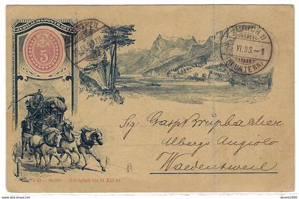 CP Entier Postal - Jubilaumsposkarte 5 Fr. - ATTELAGE DE CHEVAUX - Oblit. 1893