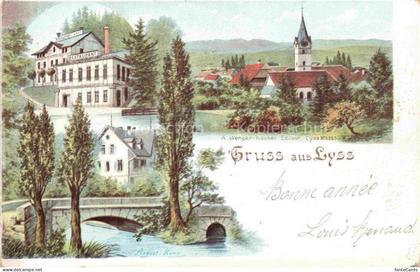 Lyss Aarberg BE Hotel Restaurant Blick zur Kirche Bruecke Kuenstlerkarte