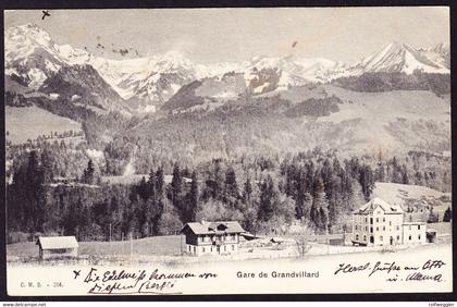 1908 mit Bahnpost gelaufene AK: La Gare de Grandvillard. Bahnhof.