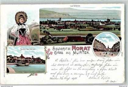 3280 Murten Morat 1901 Lithographie Tracht Murten vom See aus - 13414411