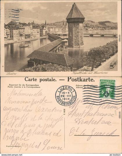 Ansichtskarte Luzern Lucerna Kapellbrücke mit Wasserturm 1914