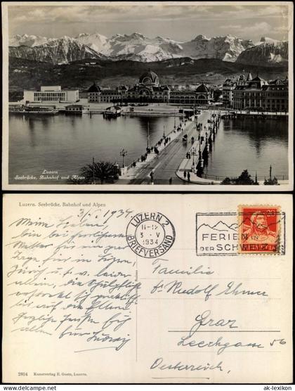 Ansichtskarte Luzern Lucerna Seebrücke, Bahnhof und Alpen 1934