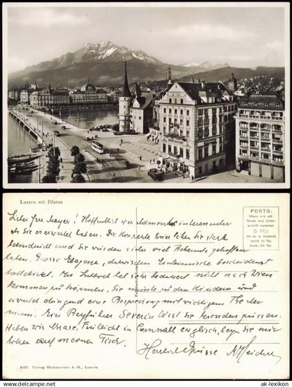 Ansichtskarte Luzern Lucerna Straße, Brücke mit Pilatus 1934