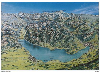 Lake Geneva Region-Switzerland, Vintage PC, Panoramic Map inc. Locations