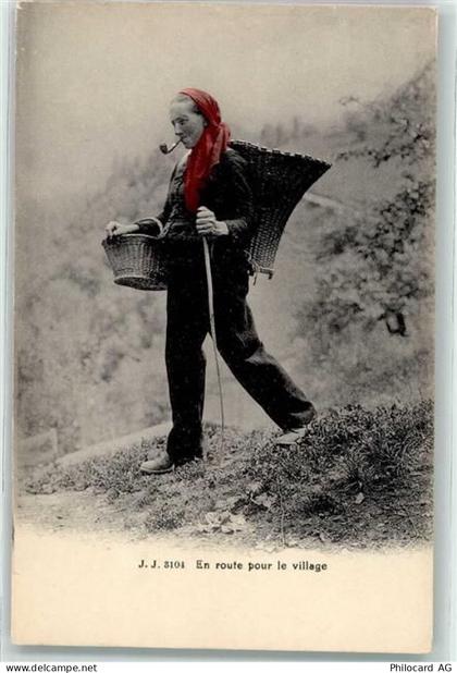 1873 Val-dIlliez - Winzerin mit Tragkorb und Pfeife auf dem Weg ins Dorf... - 10601686