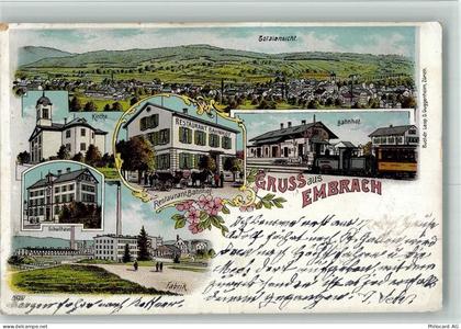 8424 Embrach 1906 BOAKC Lithographie Gasthaus Bahnhof Eisenbahn Kirche S... - 13702670