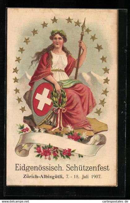 AK Embrach, Turntag 1908, Helvetia mit Wappenschilf und Speer