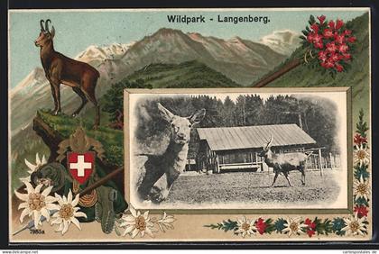 Passepartout-Lithographie Langnau am Albis, Wildpark Langenberg, Gemse, Schweizer Wappen