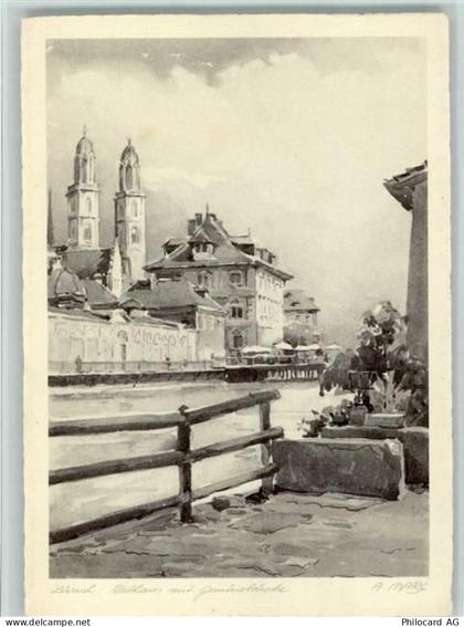 8000 Zürich Künstlerkarte Rathaus mit Gemüsebrücke sign. A. Marc Bunde S... - 11094043