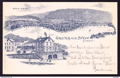 1901 alte Litho AK: Gruss aus Stein mit Bahnhof und Restaurant. In der Ferne Säckingen, mit Bahnstempel Nr. 5 nach
