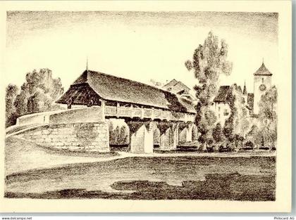 3270 Aarberg Radierung Alte Holzbrücke Zeichnung sign. F.Wyss - 10664521