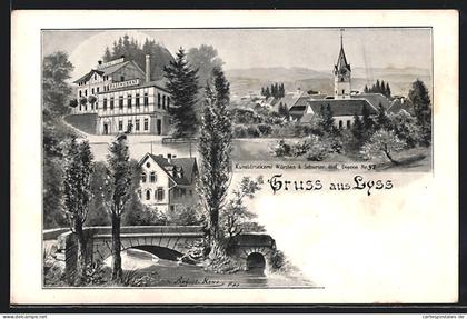 Künstler-AK Lyss, Brauerei und Restaurant Lyss, Partie an der Brücke