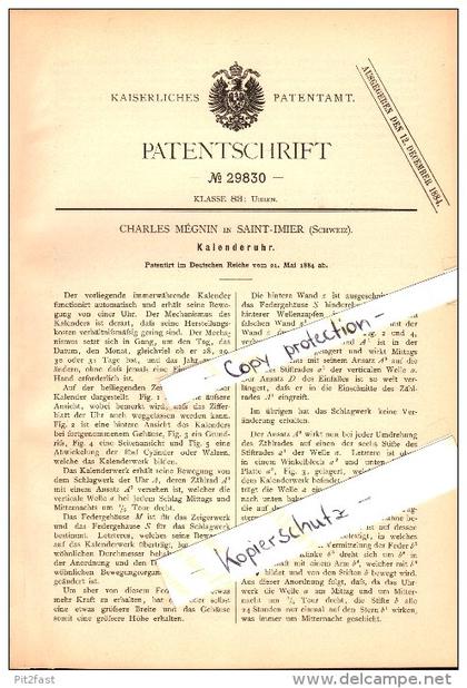 Original Patentschrift - Charles Méngin in Saint Imier , 1898 , Kalenderuhr , Uhr , Kalender , Jura !!!