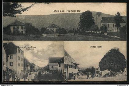 AK Roggenburg, Hotel Rössli, Spezereihandlung Rietschi, Panorama mit Kirche