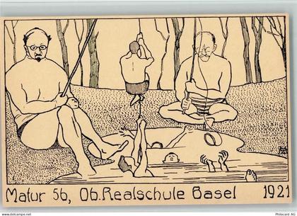 4000 Basel Bâle Künstlerkarte Männer beim Angeln Matur 56 Realschule - 13114840