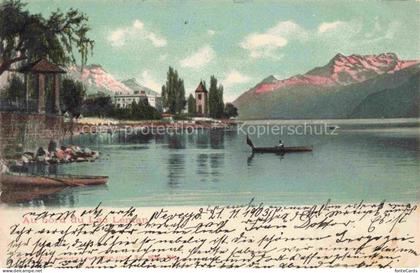 Lac Leman Genfersee GE Lac-Léman Seeufer Boot Kirche Berge Baeume Ruderboot
