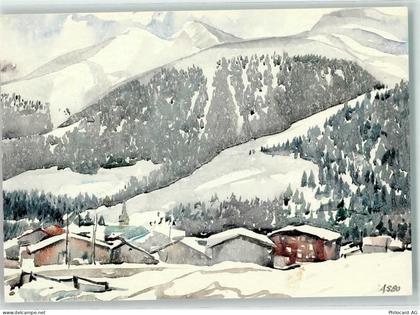 7188 Sedrun - Winterlandschaft Aquarell sign. Adrie van Schagen - 39411114