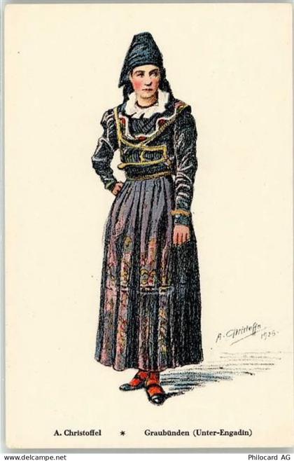 7563 Samnaun Dorf Künstlerkarte Trachten sign. A. Christoffel - 52021237