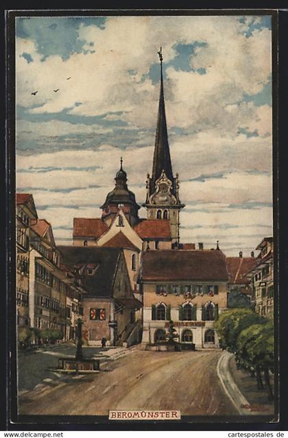 Künstler-AK Beromünster, Partie mit Kirchturm