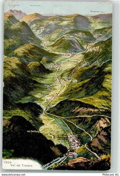 2105 Travers Lithographie Vogelschau Val de Travers - 39495713