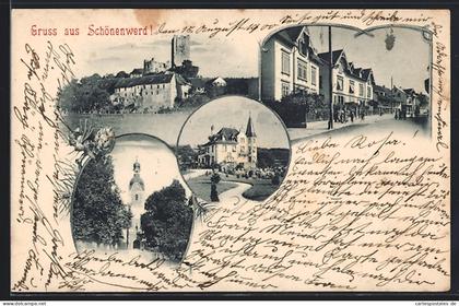 AK Schönenwerd, Strassenpartie mit Wohnhäusern, Ruine Falkenstein, Blick auf die Kirche