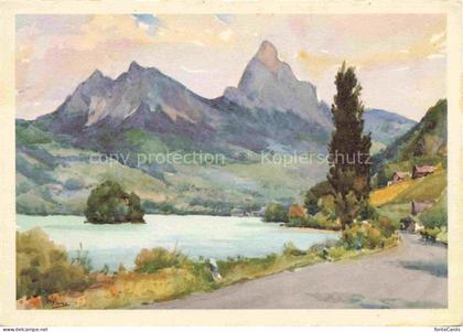 Lauerz Schwyz SZ Panorama Lauerzersee Kuenstlerkarte