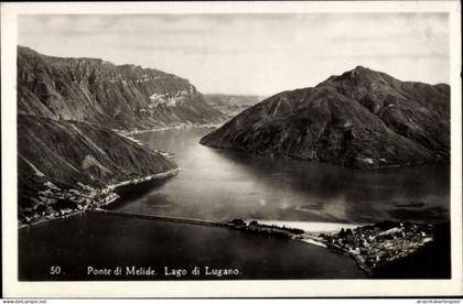 CPA Melide Lago di Lugano Kanton Tessin, Ponte de Melide, Berge, See