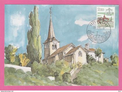 Suisse - Canton de Vaud - Carte maximum Féchy - Eglise (Aquarelle de Gérard Liardon) 1985