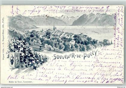1009 Pully 1899 Lithographie Wappen Kirche Tram Straßenbahn - 13249147