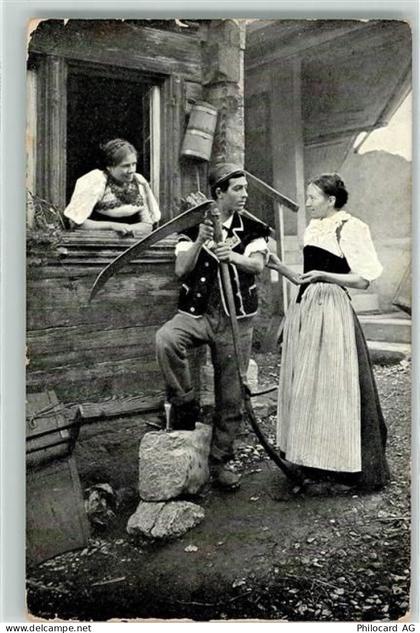 1462 Yvonand 1904 Gebrauchsspuren Senn mit 2 Trachtenmädchen Ort lt. Ste... - 10613659