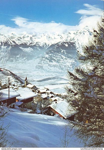 SUISSE - Veysonnaz - Village - Panorama - Eglise - Toiture - Neige -Hiver - Montagne - Rocher - Carte postale