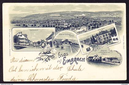 1900 Nach Finnland gelaufene Litho AK: Gruss aus Embrach. 5 bildrig mit Bahnhof. Marken abgelöst.