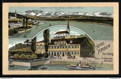 Künstler-AK Herrliberg, Hotel Raben mit Ausblick auf See und Gebirge